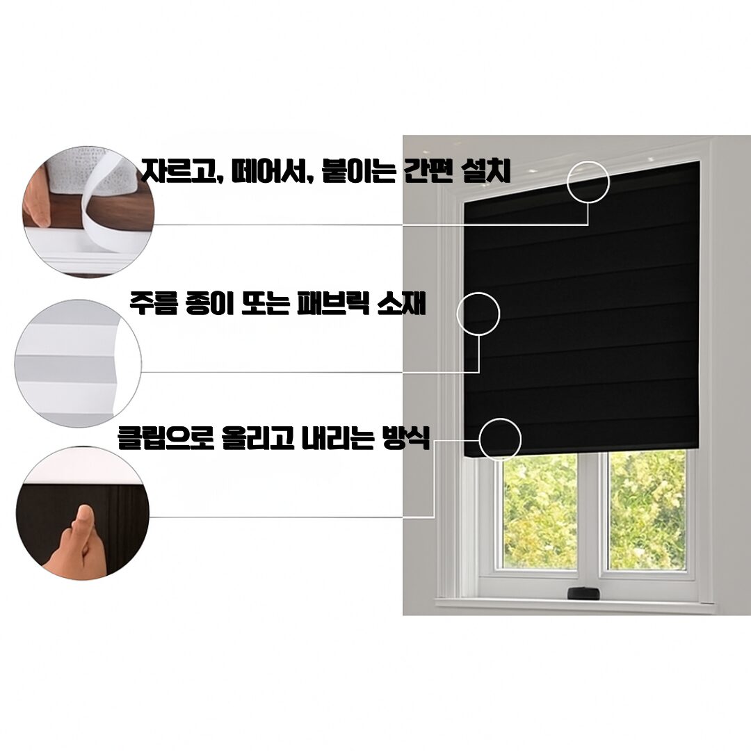붙이는 종이 블라인드 완전암막 전체음영 검정 무타공 셀프 커튼 창문 가림막 상세 이미지 1